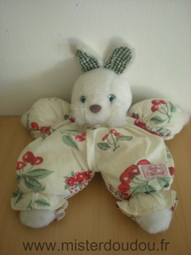 Tartine et chocolat Lapin Tête peluche blanche, tissus écru imprimé cerises - Très bon état