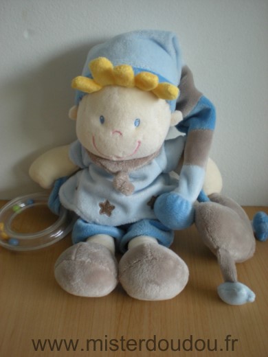Nicotoy Lutin Garcon bleu gris jaune coeur hochet - Très bon état