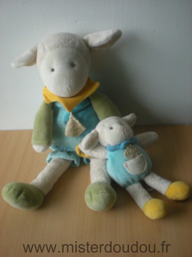 Doudou et compagnie Mouton Simon et bébé mouton, bleu jaune vert - Très bon état