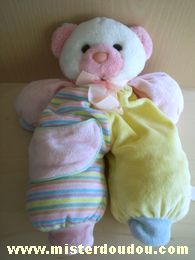 Carrefour france Ours Jaune rose rayé tête blanche en peluche - Etat moyen