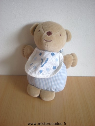 Dmc Ours Beige vichy bleu bavoir déjà brodé motifs coeur avec un v - Très bon état