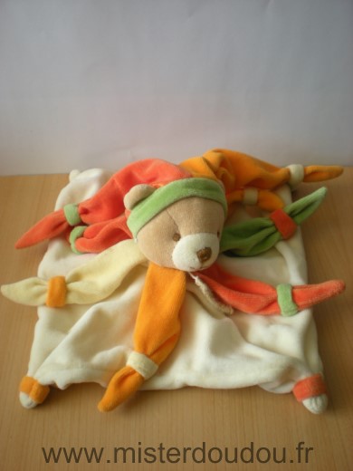 Doudou et compagnie Ours Arlequin blanc petales orange jaune - Très bon état