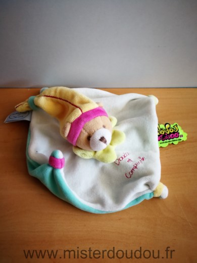 Doudou et compagnie Ours Blanc bleu dessous bonnet jaune - Très bon état