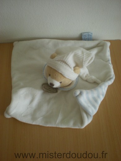 Doudou et compagnie Ours Blanc bonnet blanc dessous raye blanc bleu - Très bon état