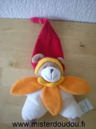 Doudou et compagnie Ours Blanc col fleur orange bonnet rouge - Très bon état