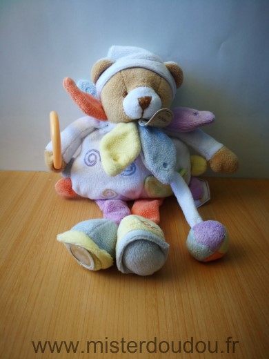 Doudou et compagnie Ours Blanc orange mauve spirales et petales bleu jaune orange - Très bon état