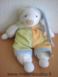 Doudou et compagnie Ours Blanc salopette vert-orange bonnet bleu - Très bon état