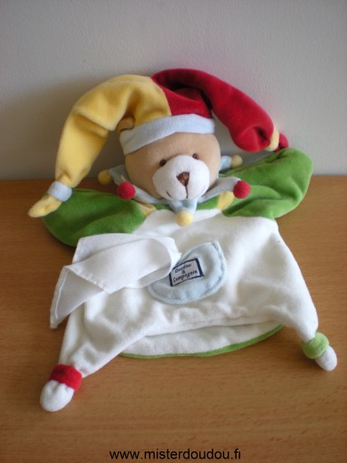 Doudou et compagnie Ours Blanc vert mouchoir blanc sort de la poche bleue, bonnet arlequin jaune rouge - Très bon état