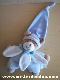 Doudou et compagnie Ours Bleu blanc bonnet mauve - Bon état