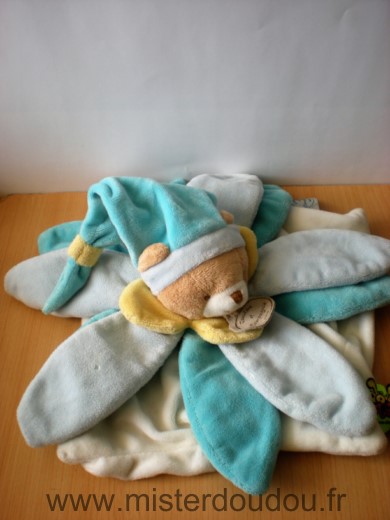 Doudou et compagnie Ours Bleu blanc fleur petales - Très bon état