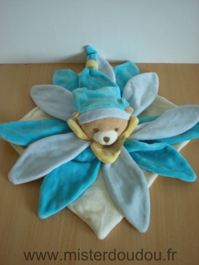 Doudou et compagnie Ours Bleu blanc jaune fleur petales - Très bon état