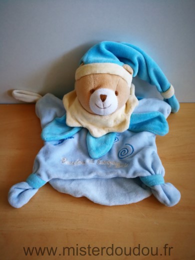 Doudou et compagnie Ours Bleu jaune petales bleus spirales - Très bon état