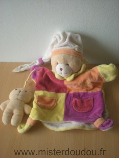 Ours Marionnette Bordeau orange violet jaune avec bébé ours Doudou et compagnie