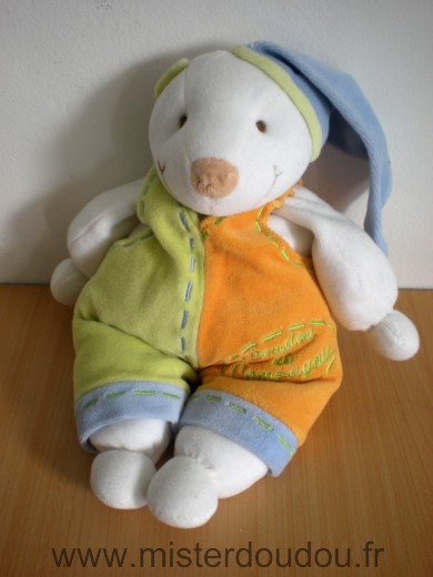 Doudou et compagnie Ours Fripon blanc salopette orange vert - Très bon état