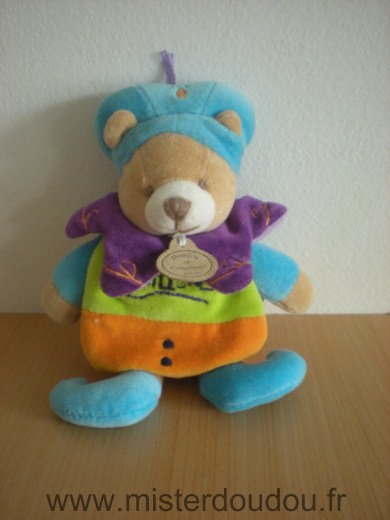 Doudou et compagnie Ours Indidous bleu cape vert orange - Très bon état