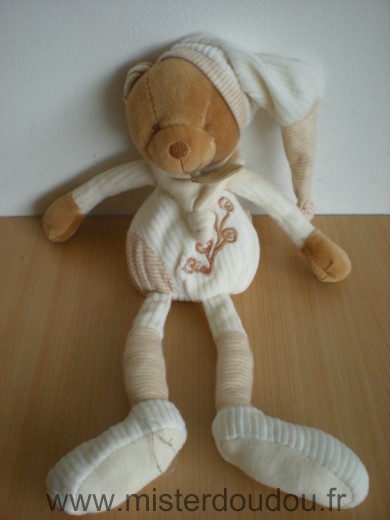 Doudou et compagnie Ours Pantin bio ecru marron beige fleurs bonnet - Très bon état