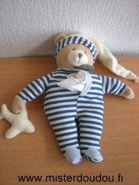Doudou et compagnie Ours Rayé bleu blanc bonnet blanc avion blanc - Très bon état