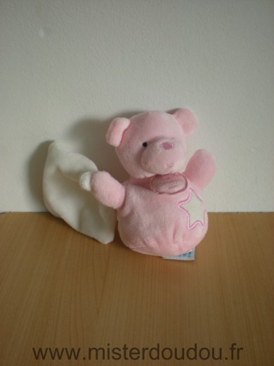 Doudou et compagnie Ours Rose mouchoir blanc etoiles blanche phosphorescente - Très bon état