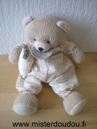 Doudou et compagnie Ours Tricot marron coussin ecru habit tissus marron - Etat moyen