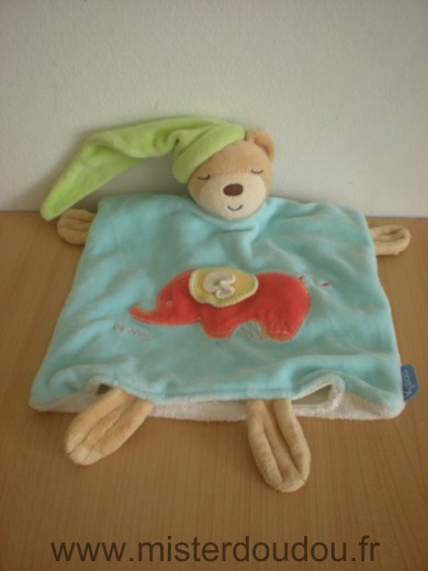 Ours Marionnette Bleu bonnet vert avec elephant rouge Kaloo
