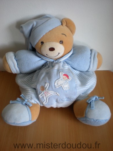Kaloo Ours Patapouf bleu blanc raye bras en tricot bleu deux personnages - Bon état
