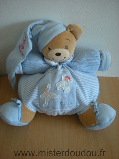 Kaloo Ours Patapouf raye bleu blanc bras en tricot bleu deux personnages - Très bon état