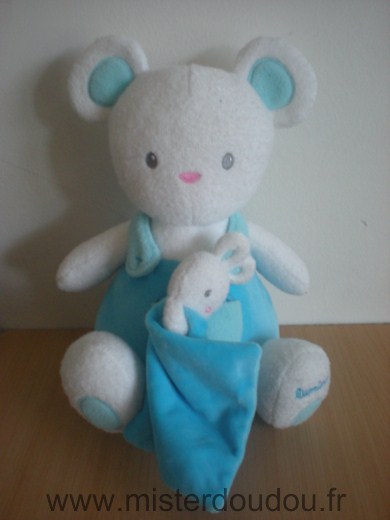 Luminou Ours Blanc bleu avec doudou lapin mouchoir bleu - Très bon état