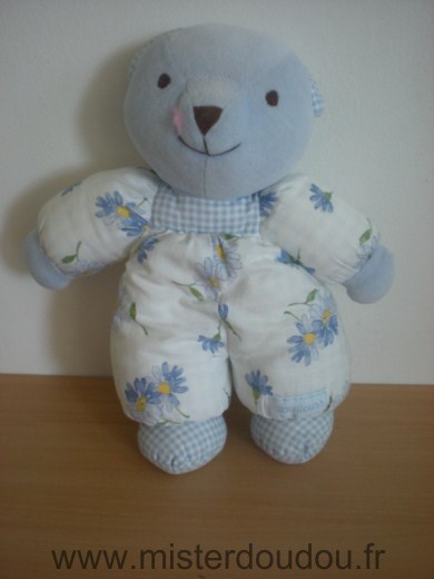 Nounours Ours Bleu, blanc motifs fleurs - Très bon état