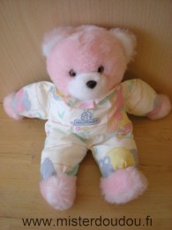Nounours Ours Peluche rose tissus blanc motifs - Très bon état