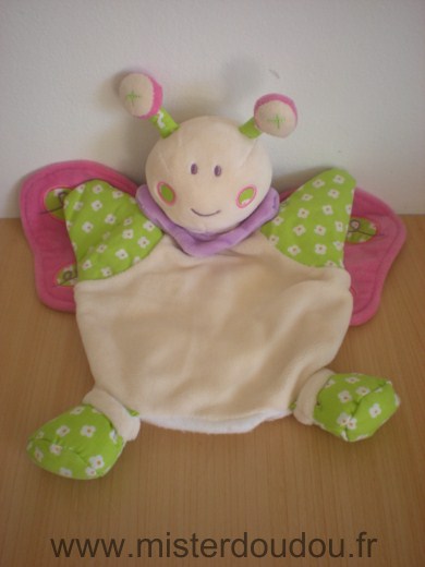 Nounours Papillon Ecru vert motifs fleurs blanches, ailes roses - Très bon état