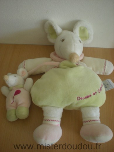 Doudou et compagnie Souris Barbotine avec bebe, vert blanc - Très bon état