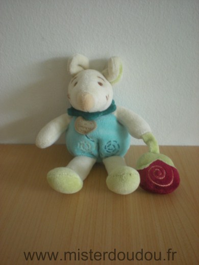 Doudou et compagnie Souris Filousine bleu tenant fraise - Bon état