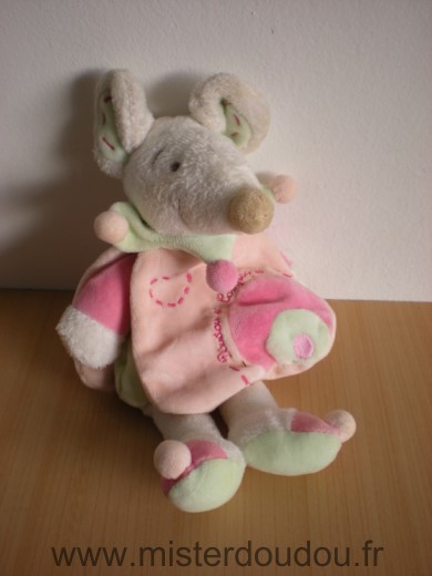 Doudou et compagnie Souris Leonie rose vert blanc cape - Très bon état