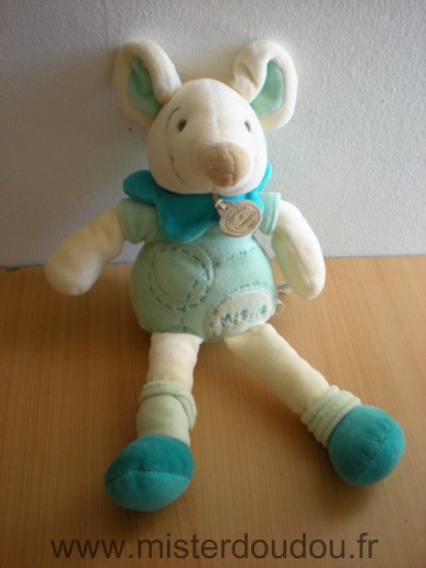 Doudou et compagnie Souris Missie blanc bleu turquoise - Très bon état