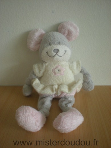 Nicotoy Souris Grise robe ecru fleur rose - Très bon état