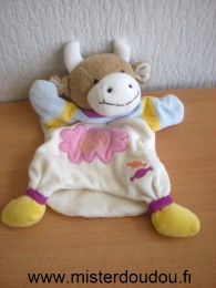 Doudou et compagnie Vache Blanc bleu jaune rose - Très bon état