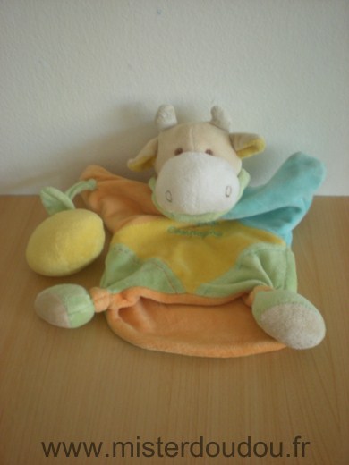 Doudou et compagnie Vache Orange bleu jaune tenant pomme - Bon état