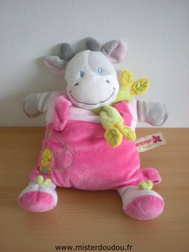 Nicotoy Vache Rose gris vert avec brodés un poussin jaune et un papillon - Très bon état