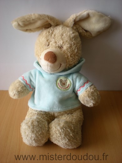 Doudou Lapin Nicotoy Beige pull capuche bleu clair 