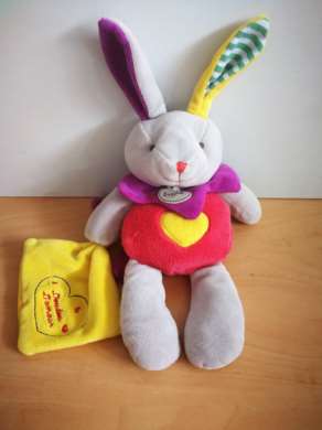 Doudou Lapin Baby nat Rose gris coeur jaune mouchoir jaune 