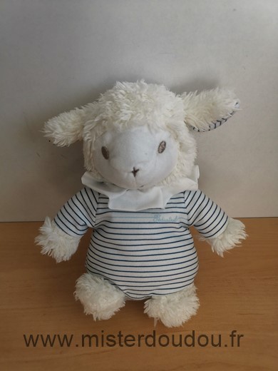 Doudou Mouton Pediatril Blanc raye bleu col blanc 