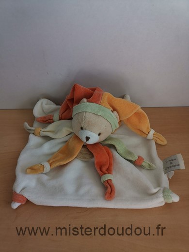 Doudou Ours Doudou et compagnie Blanc vert orange jaune arlequin 