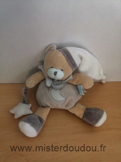 Doudou Ours Baby nat Beige gris bonnet blanc lune etoile 