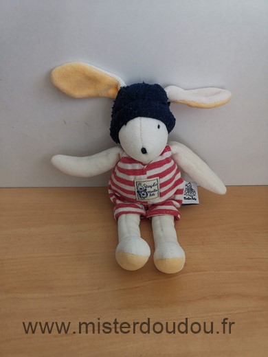 Doudou Lapin Moulin roty Seraphin raye rouge bonnet bleu 