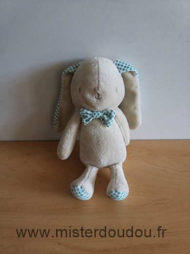 Doudou Lapin Klorane Beige blanc carreaux bleu 