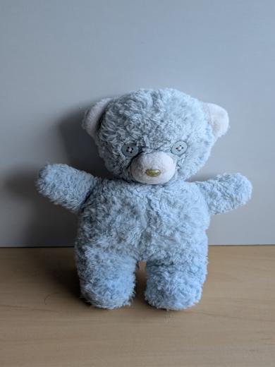 Doudou Ours Nounours Ancien peluche bleu blanc yeux en bouton bleus vintage 
