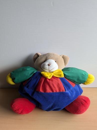 Doudou Ours Nicotoy Bleu rouge vert noeud jaune 