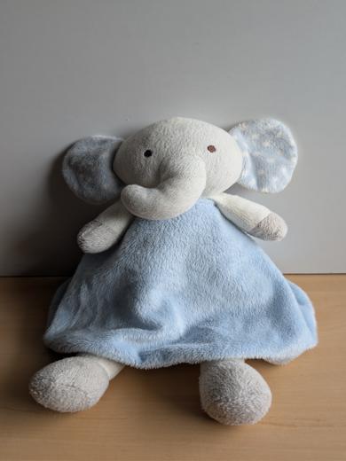 Doudou Eléphant Sumersault Blanc robe bleu points blanc dessous 