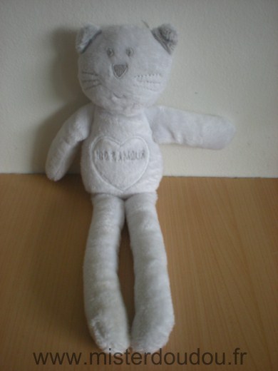 Doudou Chat Bout chou Blanc gris coeur cent pour cent  amour 