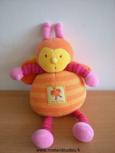 Doudou Abeille Moulin roty Jaune orange rouge rose Tissus bouloché , étiquette coupée